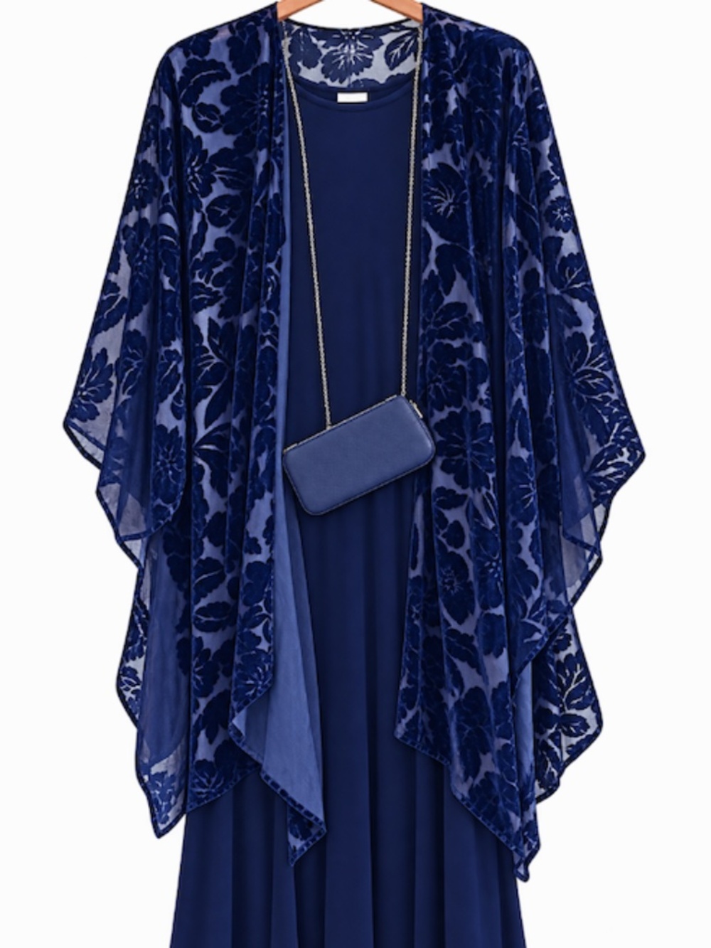 Gorgeous navy velvet long dress with burnout shawl & purse